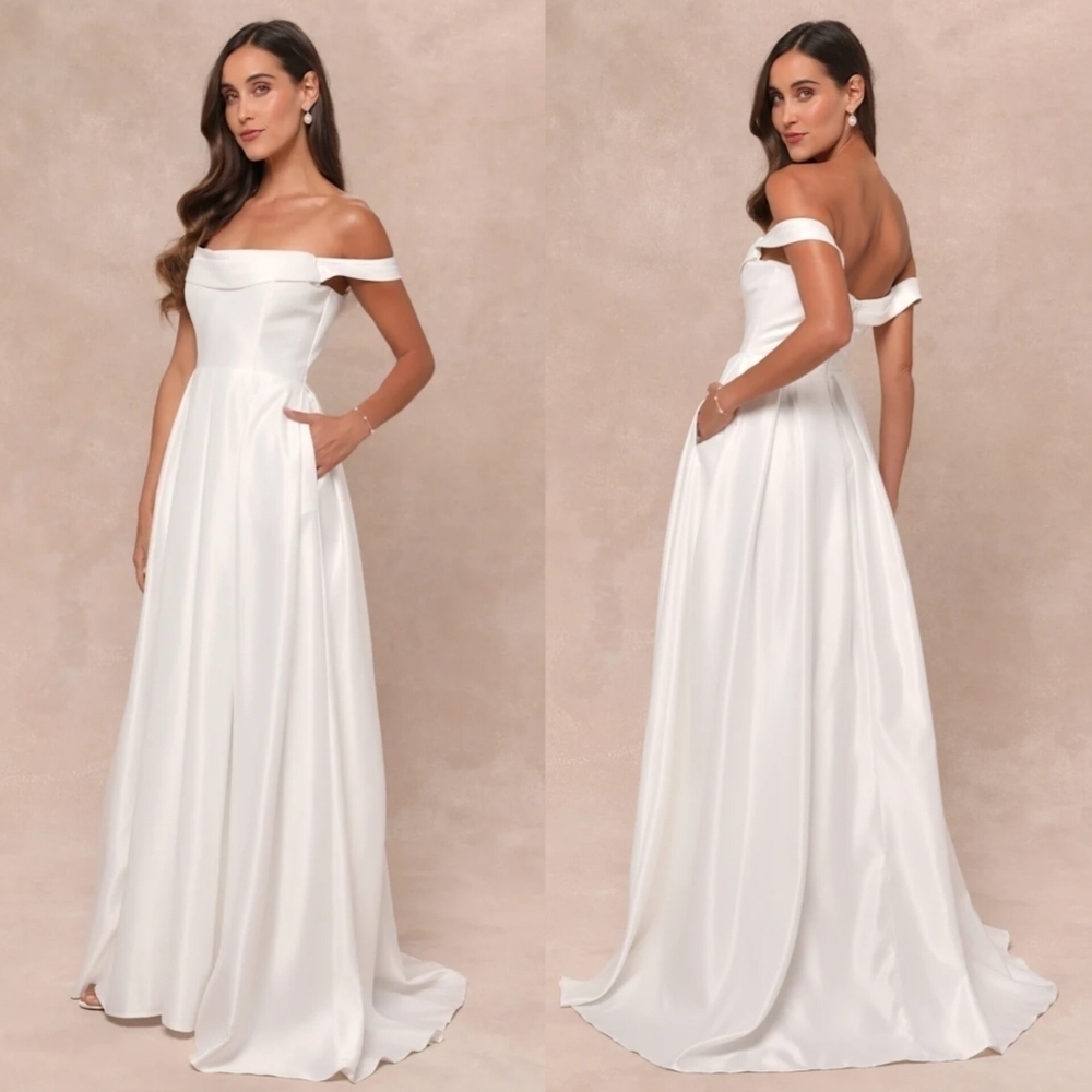 Lulus Extraordinary Vow White Off-the-Shoulder Maxi Dress with Pockets Wedding